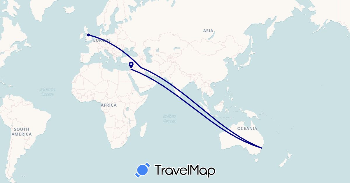TravelMap itinerary: driving in Australia, United Kingdom, Iraq, Jordan (Asia, Europe, Oceania)